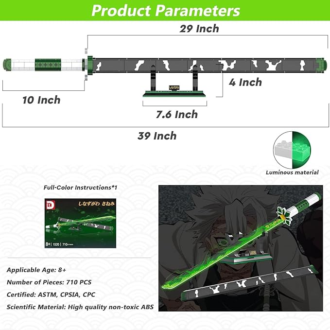 Sanemi Sword Building Set, 39in Demon Slayer Sword Model with Scabbard and Stand (710 PCS)