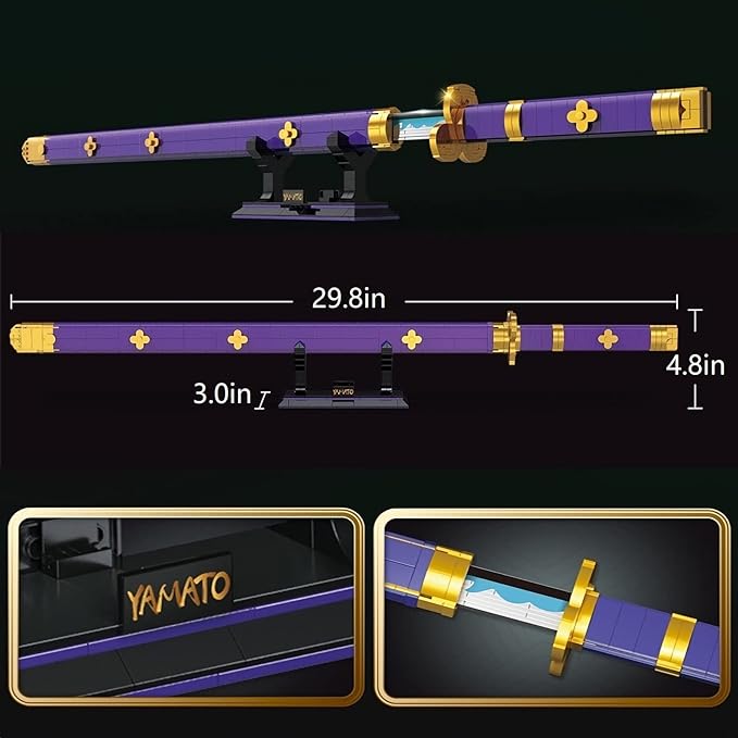 Ensemble de construction d'épées de cosplay d'anime, 936 pièces, une épée Enma Zoro violette de 38,8 pouces avec fourreau et support pour adultes et enfants de 8 ans et plus