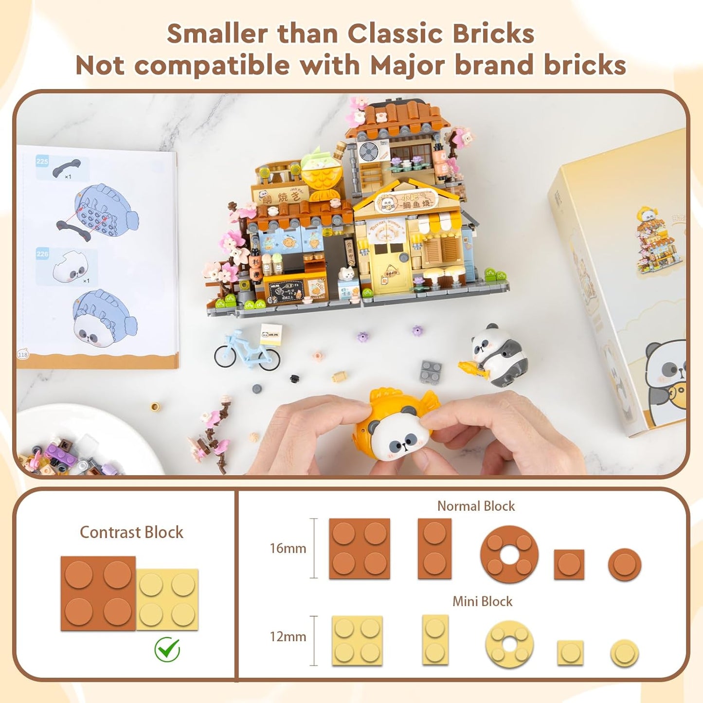 Street View Mini City Taiyaki Shop Building Set with Cute Panda Animals, 858PCS