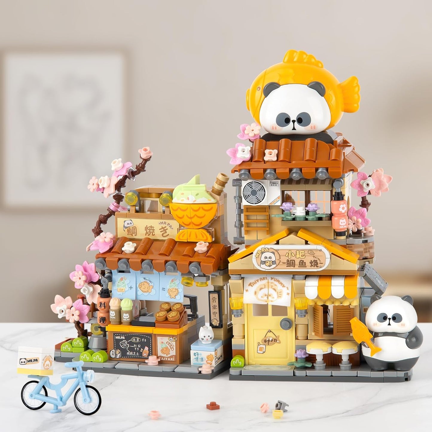 Street View Mini City Taiyaki Shop Building Set with Cute Panda Animals, 858PCS