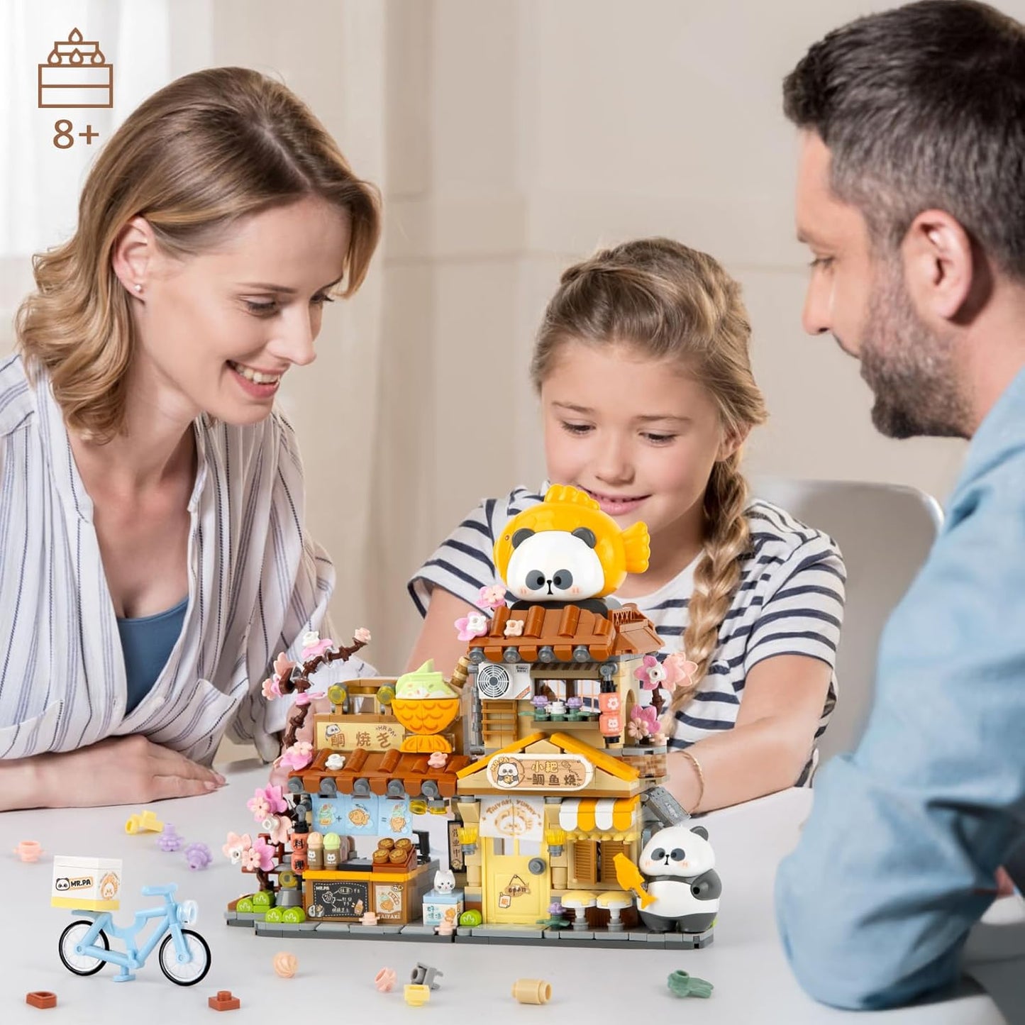 Street View Mini City Taiyaki Shop Building Set with Cute Panda Animals, 858PCS