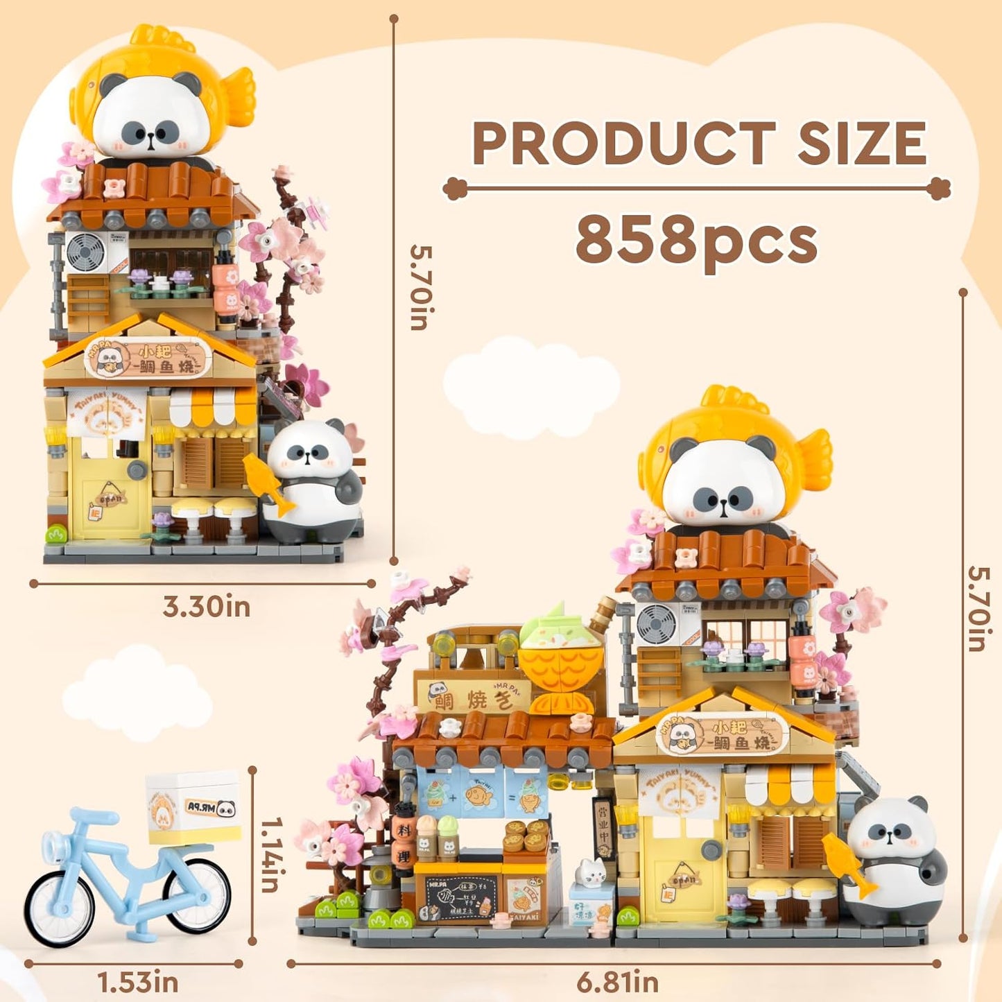 Street View Mini City Taiyaki Shop Building Set with Cute Panda Animals, 858PCS