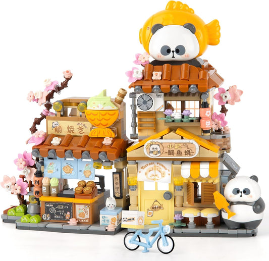 Street View Mini City Taiyaki Shop Building Set with Cute Panda Animals, 858PCS