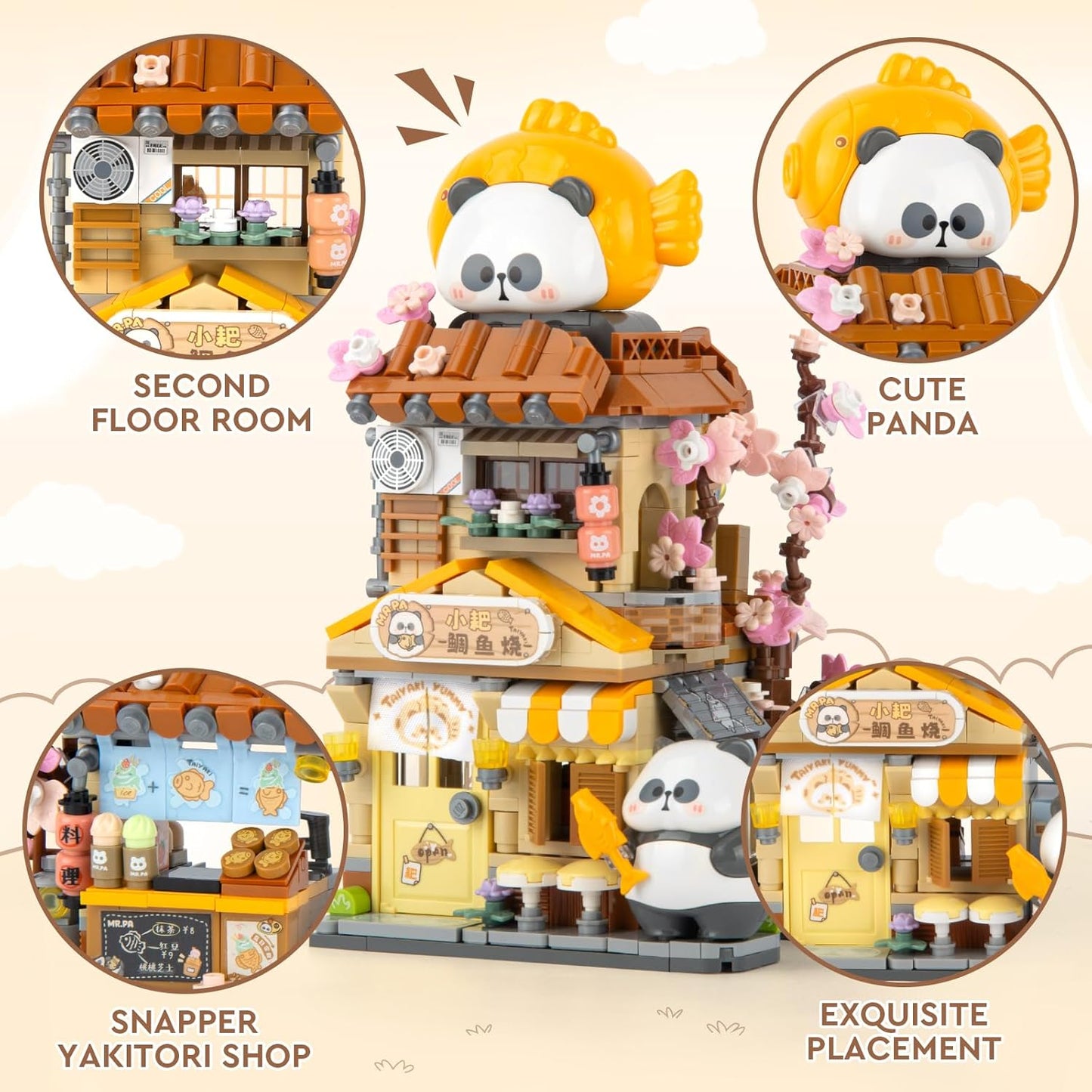Street View Mini City Taiyaki Shop Building Set with Cute Panda Animals, 858PCS