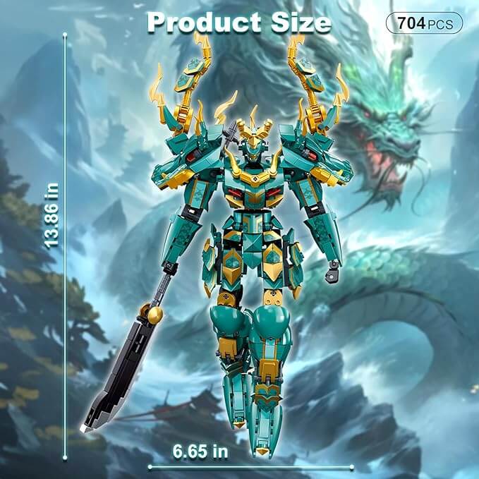 Mech Robot Building Blocks Set, Cool Green Dragon Warrior Model Kit with Long Spear Toy Playset (704 PCS)