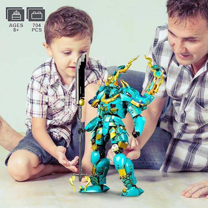 Mech Robot Building Blocks Set, Cool Green Dragon Warrior Model Kit with Long Spear Toy Playset (704 PCS)
