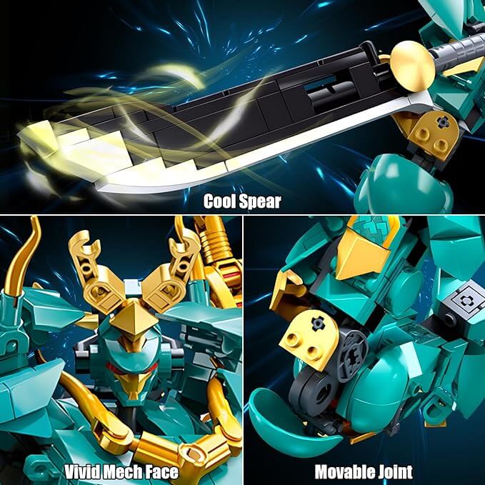 Mech Robot Building Blocks Set, Cool Green Dragon Warrior Model Kit with Long Spear Toy Playset (704 PCS)