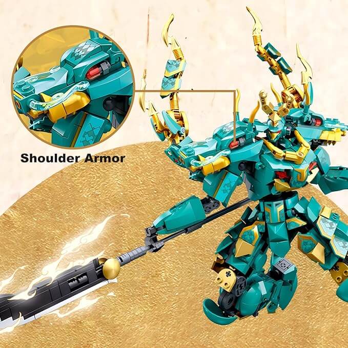 Mech Robot Building Blocks Set, Cool Green Dragon Warrior Model Kit with Long Spear Toy Playset (704 PCS)