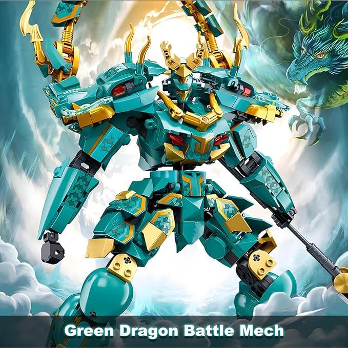 Mech Robot Building Blocks Set, Cool Green Dragon Warrior Model Kit with Long Spear Toy Playset (704 PCS)