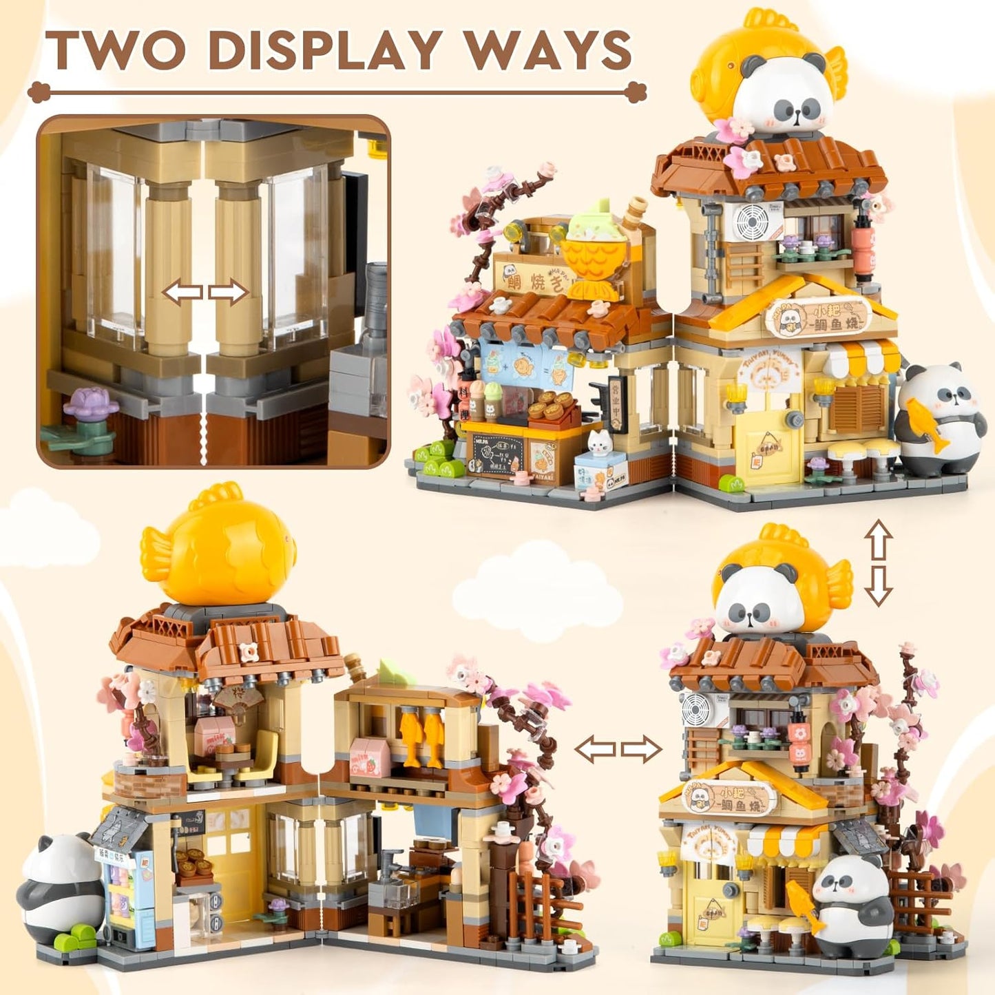 Street View Mini City Taiyaki Shop Building Set with Cute Panda Animals, 858PCS