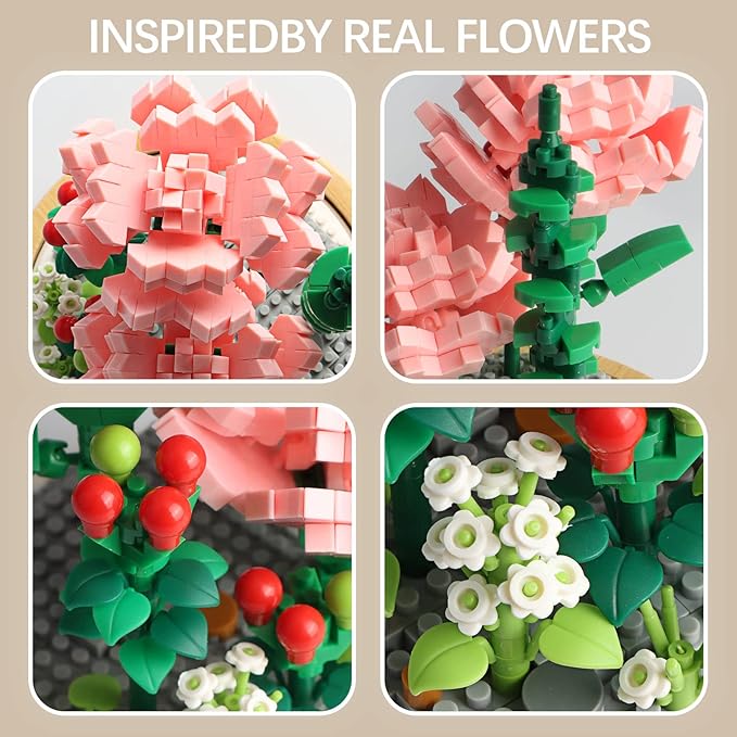 Flower Bouquets Building Sets, Pink Rose Botanical Collection with Display Case (675 PCS)