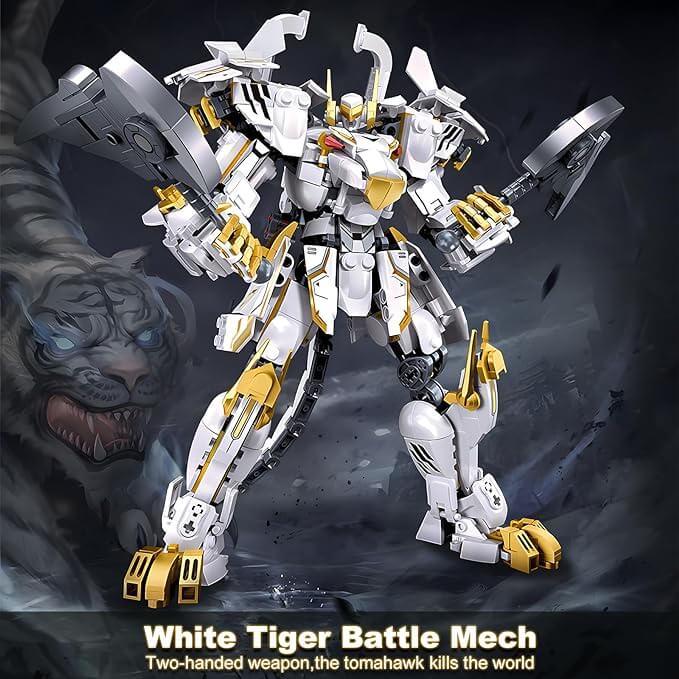 Mech Robot Building Blocks Set, Cool White Tiger Warrior Model Kit with Two-Handed Axes Weapon Toy Playset (679 PCS)