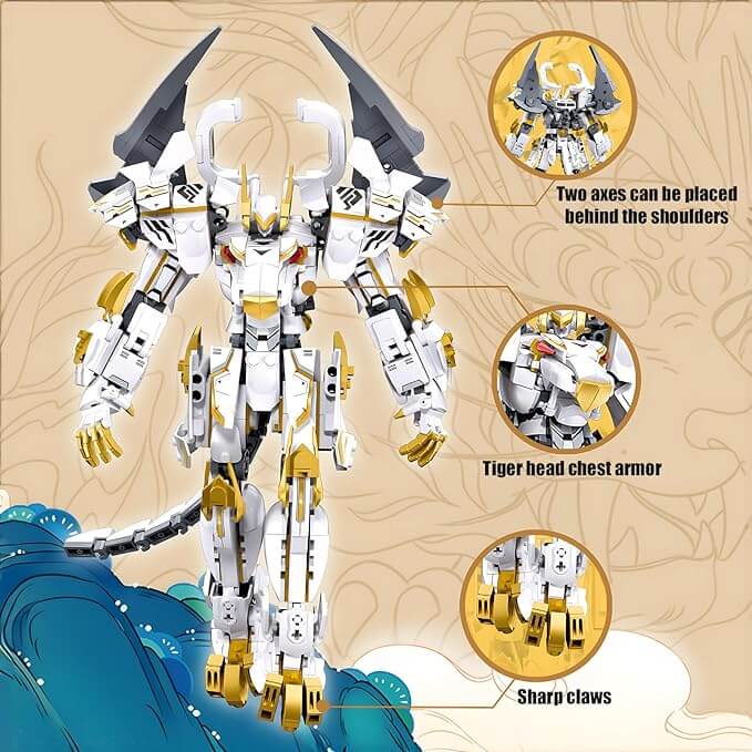 Mech Robot Building Blocks Set, Cool White Tiger Warrior Model Kit with Two-Handed Axes Weapon Toy Playset (679 PCS)