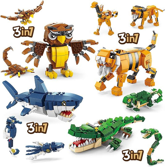 Creator 3 in 1 Animals Building Set, Owl, Shark, Crocodle, Tiger to Animal Figure Toys (1084 PCS)